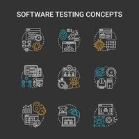 Software testing chalk concept icons set. idea. System perfomance verification idea thin line illustrations. Program development stages. Reliability, stability. Vector isolated chalkboard illustration