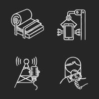 Industry types chalk icons set. Pulp and paper production. Electronics facility. Broadcasting tower. News and media. Person with microphone. Isolated vector chalkboard illustrations