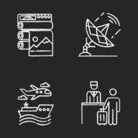 Industry types chalk icons set. Professional publishing. Telecommunication and broadcasting. Transport. Hospitality industry. Travel services. Plane, ship. Isolated vector chalkboard illustrations