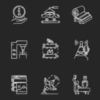 Industry types chalk icons set. Information sign. Automotive production. Pulp and paper. Steel industry. Fruit supply. Broadcasting and news. Healthcare. Isolated vector chalkboard illustrations