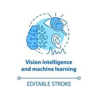 Vision intelligence and machine learning blue concept icon. Smart computer system idea thin line illustration. Robotics knowledge. Thinking, analysing. Vector isolated outline drawing. Editable stroke