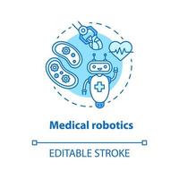 Medical robotics concept blue icon. Health care computer machines idea thin line illustration. Types of robots. Innovative hospital system. Vector isolated outline drawing. Editable stroke