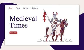 plantilla de vector de página de destino de la época medieval. idea de interfaz de sitio web de guerra de la edad media con ilustraciones planas. diseño de la página de inicio de Knighthood. Banner de web de tropas de caballos, concepto de dibujos animados de página web