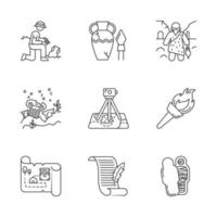 Archeology linear icons set. Excavation. Caveman. Ruins. Filed survey. Flambeau. Treasure map, manuscript. Mummy. Thin line contour symbols. Isolated vector outline illustrations. Editable stroke