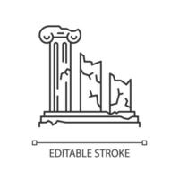 Ancient ruins linear icon. Broken columns. Greek pillars. Lost cities. Archeology. Historical monuments. Thin line illustration. Contour symbol. Vector isolated outline drawing. Editable stroke