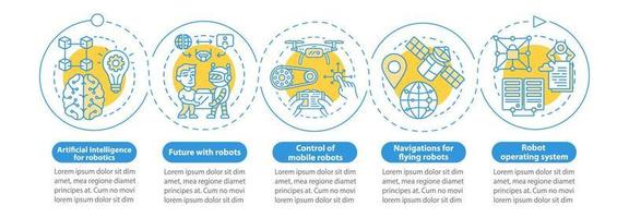 Cursos de robótica plantilla de infografía vectorial. elementos de diseño de presentación de negocios. visualización de datos con cinco pasos y opciones. gráfico de la línea de tiempo del proceso. diseño de flujo de trabajo con iconos lineales vector