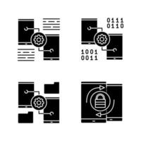 Smartphone displays glyph icons set. Mobile phone settings, security synchronization, file manager. Silhouette symbols. Vector isolated illustration