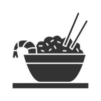 Rice with shrimps glyph icon. Chinese fried rice in bowl and chopsticks. Silhouette symbol. Negative space. Vector isolated illustration