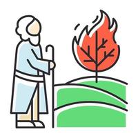 Moses and the burning bush Bible story color icon. Prophet and tree in flame. Religious legend. Christian religion, holy book scene plot. Biblical narrative. Isolated vector illustration