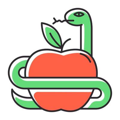 Adam and Eve Bible story color icon. Forbidden fruit. Snake and apple. Religious legends. Christian religion, holy book scene plot. Biblical narratives. Isolated vector illustration