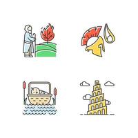 Bible narratives color icons set. The birth of Moses, David and Goliath, Babel tower myths. Religious legends. Christian religion, holy book scenes. Biblical stories. Isolated vector illustrations