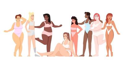 Women dressed in swimsuits flat vector illustration. Body positive. Struggle for equality and feminism. Smiling ladies of different nationalities isolated cartoon character on white background