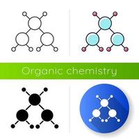 icono de larga sombra de diseño plano de molécula. estructura cristalina. modelo molecular de bola y palo. química Orgánica. modelado de átomos. diseño plano, estilos lineales, negros y de color. ilustraciones vectoriales aisladas vector