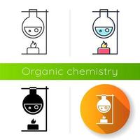 Heating laboratory flask with candle icon. Lab experiment. Interaction with chemicals. Organic chemistry. Flat design, linear, black and color styles. Isolated vector illustrations