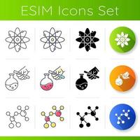 Science symbol icons set. Lab experiments. Chemical synthesis. Molecule atom. Organic chemistry research. Flat design, linear, black and color styles. Isolated vector illustrations