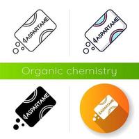 Aspartame icon. Low calorie additive. Artificial sweetener. Sugar substitude. Organic chemistry product. Sugar alternative. Flat design, linear, black and color styles. Isolated vector illustrations