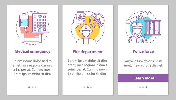 Public services onboarding mobile app page screen with concepts. Police force, firefighter department, medical emergency steps graphic instructions. UX, UI, GUI vector template with illustrations