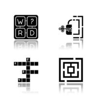 Puzzles and riddles drop shadow black glyph icons set. Missing letter game. Maze, labirynth. Crossword. Logic games. Mental exercise. Challenge. Brain teaser. Isolated vector illustrations