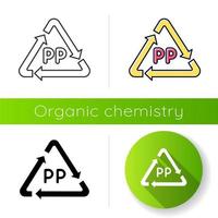 PP symbol icon. Thermoplastic polymer marking. Resin identification code. Arrow triangle. Organic chemistry. Flat design, linear, black and color styles. Isolated vector illustrations