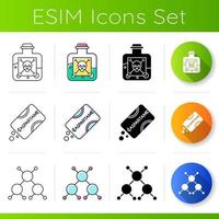 Science products icons set. Poison and aspartame. Chemical synthesis. Molecule atom. Organic chemistry research. Flat design, linear, black and color styles. Isolated vector illustrations