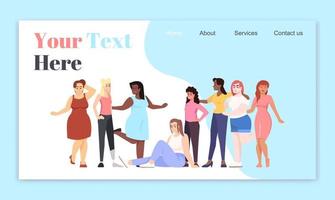 Women landing page vector template. Body positive website interface idea, flat illustrations. Smiling ladies of different nationalities homepage layout. Feminism web banner, webpage cartoon concept