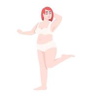 Woman dressed in two-piece swimsuit flat vector illustration. Body positive. Excess weight. Plus size figure. Caucasian smiling lady with red hair isolated cartoon character on white background