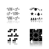 Puzzles and riddles drop shadow black glyph icons set. Rebus. Block puzzle, tile matching. Jigsaw. Logic games. Mental exercise. Challenge. Brain teaser. Isolated vector illustrations