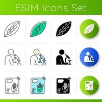 icScience products icons set. Scientist at work. Chemical synthesis. Nanotechnology development. Organic chemistry research. Flat design, linear, black and color styles. Isolated vector illustrations