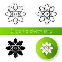 Molecule atom icon. Nuclear energy. Atom core with electrons orbits. Science symbol. Model of particle. Organic chemistry. Flat design, linear, black and color styles. Isolated vector illustrations