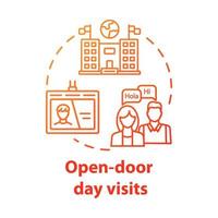 Open door day visits concept icon. Presentation of international university. Study invitation. University entrance idea thin line illustration. Vector isolated outline drawing