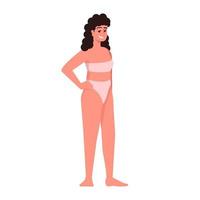 Woman dressed in two-piece swimsuit flat vector illustration. Body positive. Thin figure. Caucasian smiling lady with curly black hair and freckles isolated cartoon character on white background