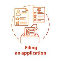 Filling an application concept icon. Submission of documents. Recruitment service. Candidate for vacant position idea thin line illustration. Vector isolated outline drawing