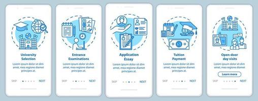 Plantilla de vector de pantalla de página de aplicación móvil de incorporación de entrada a la universidad. pago de matrícula. ensayo, examen. paso a paso del sitio web con ilustraciones lineales. concepto de interfaz de teléfono inteligente ux, ui, gui