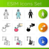 Science laboratory experiments icons set. Chemical synthesis. DNA modification. Organic chemistry research. Flat design, linear, black and color styles. Isolated vector illustrations