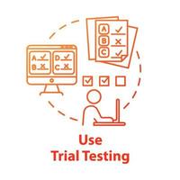 Use trial testing concept icon. Passing online test. Check knowledge and level of training. Entrance examination idea thin line illustration. Vector isolated outline drawing