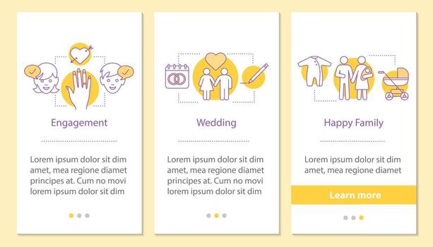 Family life cycle onboarding mobile app page screen with linear concepts. Engagement, wedding, happy family steps graphic instructions. UX, UI, GUI vector template with illustrations