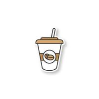 Iced coffee drink patch. Disposable coffee cup with straw. Color sticker. Vector isolated illustration