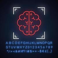 Brain scan neon light icon. Neuroimaging. Nervous system structure analysis. Medical procedure. Neurology. Glowing sign with alphabet, numbers and symbols. Vector isolated illustration