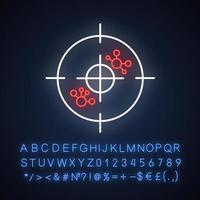 Immunotherapy neon light icon. Molecular experiment. Lymphoma. Cells, antibodies. Immune system. Medical procedure. Glowing sign with alphabet, numbers and symbols. Vector isolated illustration