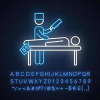 Autopsy neon light icon. Disambiguation. Deceased patient. Corpse with tag. Medical forensic procedure. Pathologist. Glowing sign with alphabet, numbers and symbols. Vector isolated illustration