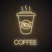 Coffee to go neon light icon. Disposable coffee cup with lid. Coffee house glowing sign. Vector isolated illustration