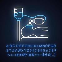 Anesthesia neon light icon. Medical procedure. Apnea stage. Liquid induction. Patient unconscious on bed. Dropper. Glowing sign with alphabet, numbers and symbols. Vector isolated illustration