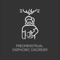 Predmenstrual dysphoric disorder chalk icon. Menstrual cramp. Woman in pain. Physical tension. PMS. Premenstrual care. Emotional girl. Low mood. Mental issue. Isolated vector chalkboard illustration