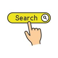 Search button click color icon. Internet surfing. Hand pressing find button. Isolated vector illustration