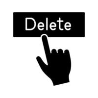 Delete button click glyph icon. Silhouette symbol. Del. Hand pressing button. Negative space. Vector isolated illustration