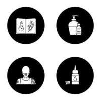 Tattoo studio glyph icons set. Piercing service. Tattoo sketches book, antibacterial liquid, tattooist, ink bottle and cap. Vector white silhouettes illustrations in black circles