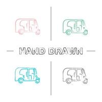 Auto rickshaw hand drawn icons set. Color brush stroke. Tuk tuk. Isolated vector sketchy illustrations