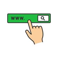 Search bar button color icon. Internet surfing. Internet browser. Hand pressing find button. Isolated vector illustration