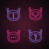 Robot emojis neon light icons set. Chatbot emoticons. Chat bot notification and FAQ, chatbot message. Artificial intelligence. Virtual assistant. Glowing signs. Vector isolated illustrations