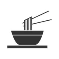Chinese noodles with chopsticks glyph icon. Ramen. Spaghetti in bowl. Silhouette symbol. Negative space. Vector isolated illustration
